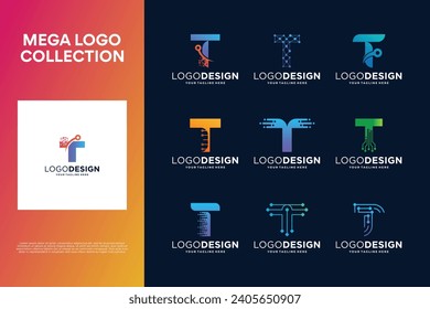 Collection of creative letter T logo designs. Abstract symbol for digital technology