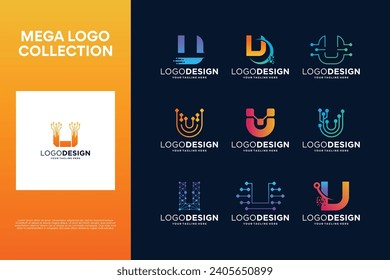 Collection of creative letter U logo designs. Abstract symbol for digital technology