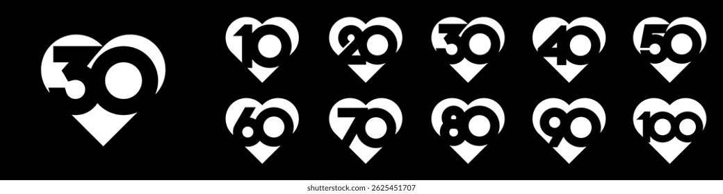 collection of creative love number 10 to 100 logo designs. abstract number design vector illustration