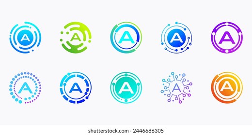 Collection of creative modern digital technology letter A logos. logo can be used for technology, digital, connection, data, electricity companies.