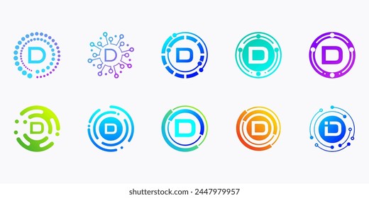 Collection of creative modern digital technology letter D logos. logo can be used for technology, digital, connection, data, electricity companies.