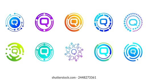 Collection of creative modern digital technology letter Q logos. logo can be used for technology, digital, connection, data, electricity companies.