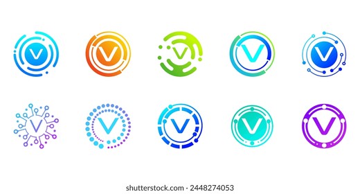 Collection of creative modern digital technology letter V logos. logo can be used for technology, digital, connection, data, electricity companies.