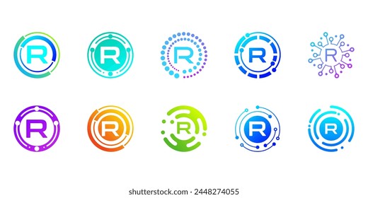 Collection of creative modern digital technology letter R logos. logo can be used for technology, digital, connection, data, electricity companies.