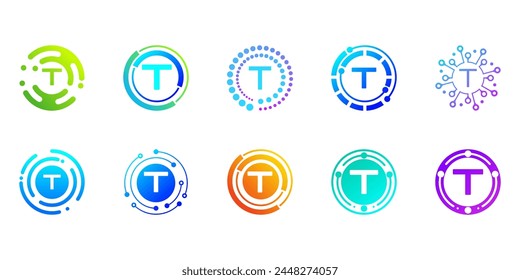 Collection of creative modern digital technology letter T logos. logo can be used for technology, digital, connection, data, electricity companies.