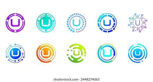 Collection of creative modern digital technology letter U logos. logo can be used for technology, digital, connection, data, electricity companies.