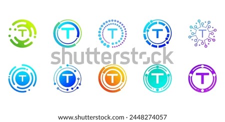 Collection of creative modern digital technology letter T logos. logo can be used for technology, digital, connection, data, electricity companies.