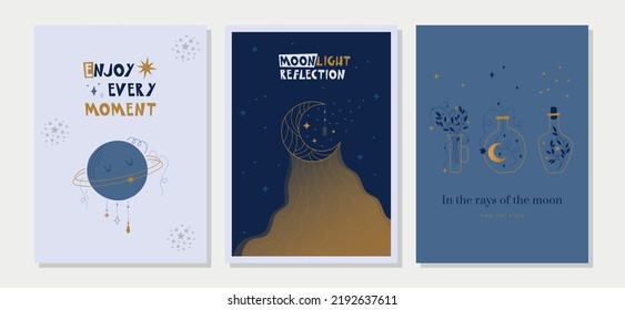 Collection of creative mystical moon cards with lunar symbols, cosmic elements and magical quotes