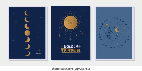 Collection of creative mystical moon cards with lunar symbols, cosmic elements and magical quotes