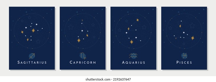 Collection of creative mystical moon cards with with constellations and signs of the zodiac
