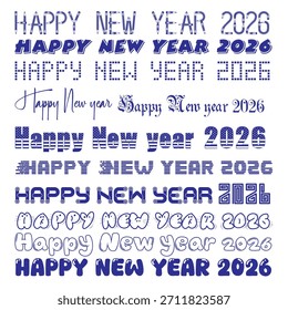 Eine Kollektion kreativer Typografiedesigns "Frohes neues Jahr 2026" mit verschiedenen dekorativen Stilen und festlichen Schriftzügen. Perfekt für Feiertagskarten, Banner, Social Media und die Neujahrsförderung