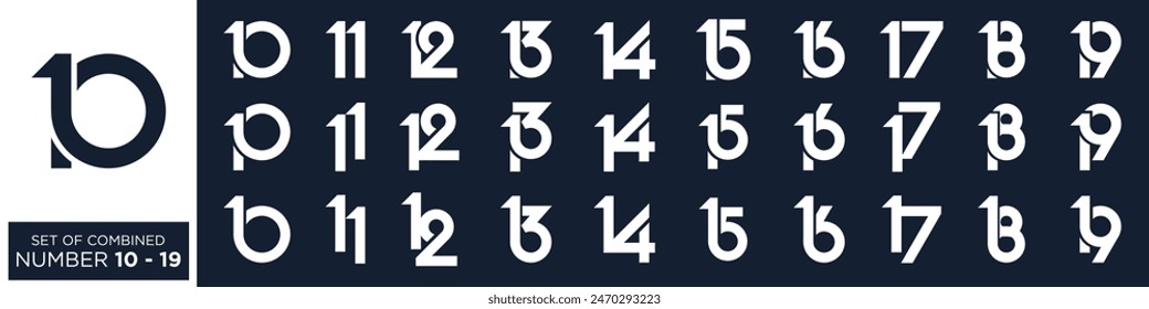 collection of creative number 10 to 19 logo designs. abstract number design vector illustration