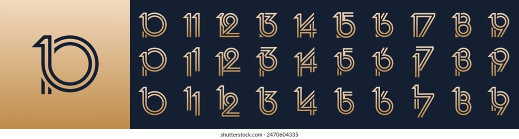 collection of creative number 10 to 19 logo designs. abstract number design vector illustration