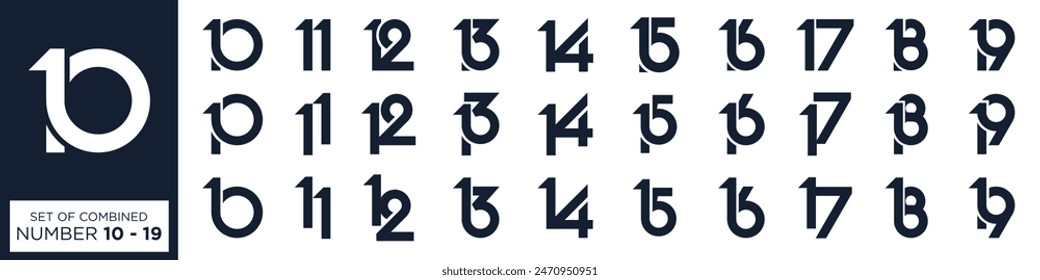 collection of creative number 10 to 19 logo designs. abstract number design vector illustration