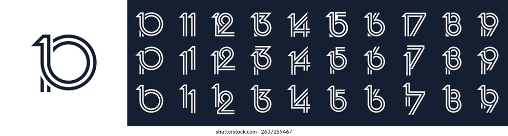 collection of creative number 10 to 19 logo designs. abstract number design vector illustration