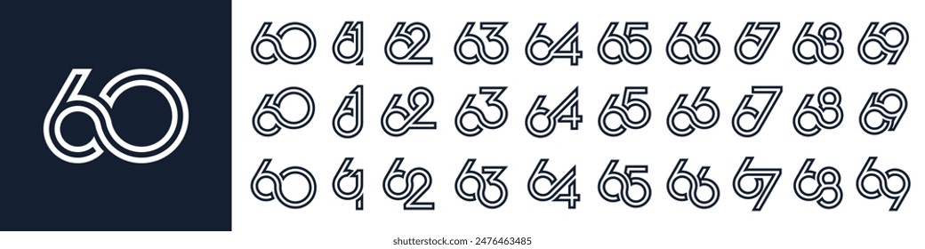 colección de diseños de logotipos del número creativo 60 al 69. Ilustración vectorial de diseño de números abstractos