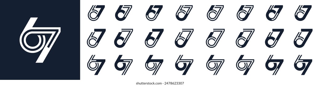 collection of creative number 67 logo designs. abstract sixty-seven design vector illustration