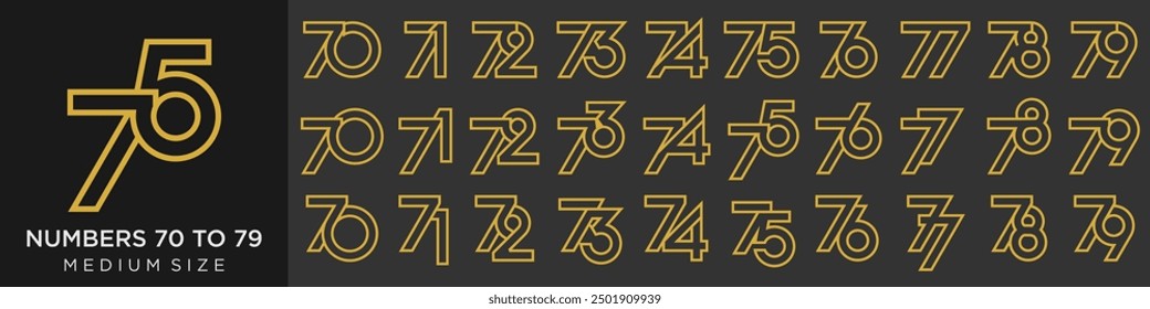 Kollektion von kreativen Designs mit den Nummern 70 bis 79. abstrakte Zahlendesign, Vektorgrafik