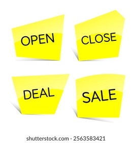 Collection of creative Open, Close, Deal and Sale yellow banner designs isolated on white background