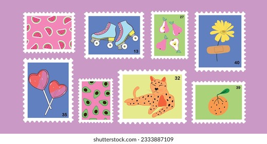 Collection creative post stamps with cats, fruits, roller skates, love lollipop. Cute stamp vector illustration for using on envelopes. Mail and post office conceptual drawing