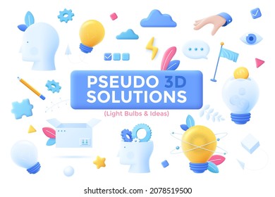 Collection of creative pseudo 3D compositions - innovative idea generation, creativity and brainstorming, business insight, scientific research. Modern colorful vector illustration for banner, poster.