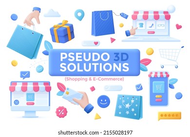 Collection of creative pseudo 3D compositions - online shopping and retail, e-commerce, buying goods in Internet store or boutique, electronic payment. Modern vector illustration for banner, poster.