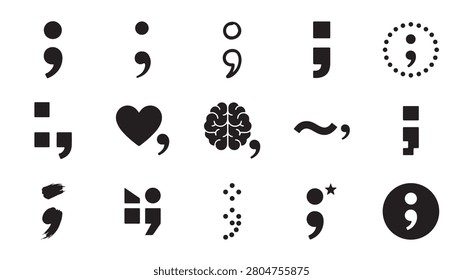 Collection of creative semicolon vector graphic designs featuring unique artistic variations including hearts and brains and geometric shapes rendered in stark black ink against a clean white background to provide versatile icons for modern typography projects and mental health awareness campaigns for professional graphic design digital media use.