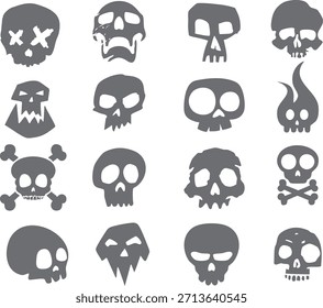 A collection of creative skull icons in flat silhouette style. Perfect for Halloween designs, tattoos, logos, stickers, posters, game assets, apparel prints, and dark themed graphic projects