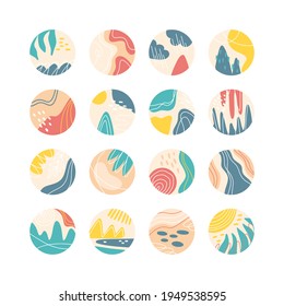Collection of creative social media highlight covers, travel theme. Design stories round icon with floral elements collection.Sea, sun, beach, sand, mountains abstract. Vector illustration. 