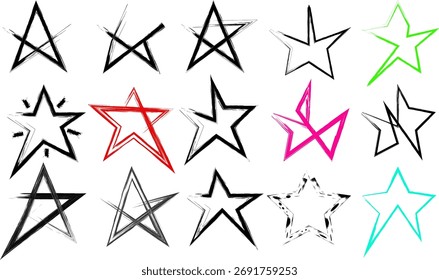 Colección del estilo dibujado a mano de los Diseños de la estrella creativa en el fondo blanco