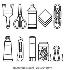 Collection of creative stationery tools including paintbrush scissors spray bottle paper clip craft knife and glue stick.