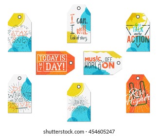 Collection of Creative tags with inspiration typography sayings, signs. Set of labels and motivation vector texts - i can, never give up. Poster templates for web, prints on t shirt, tee design.