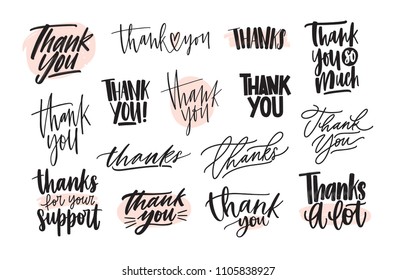 Collection of creative Thank You lettering compositions written with decorative calligraphic font. Bundle of gratitude phrase decorated with cute elements. Hand drawn vector inscriptions.