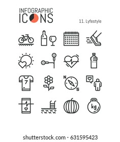 Collection of creative thin line lifestyle pictograms: sports activities, fitness, healthy nutrition, weight loss, heart rate monitoring. Vector illustration for website, mobile application, banner.