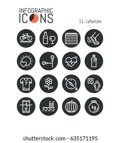 Collection of creative thin line lifestyle pictograms: sports activities, fitness, healthy nutrition, weight loss, heart rate monitoring. Vector illustration for website, mobile application, banner.