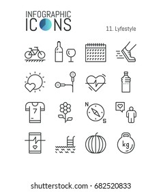 Collection of creative thin line lifestyle pictograms: sports activities, fitness, healthy nutrition, weight loss, heart rate monitoring. Vector illustration for website, mobile application, banner.