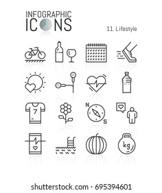 Collection of creative thin line lifestyle pictograms: sports activities, fitness, healthy nutrition, weight loss, heart rate monitoring. Vector illustration for website, mobile application, banner.