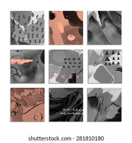 Colección de creativas tarjetas de moda. Plantillas de pintura abstracta. Textura hecha a mano 