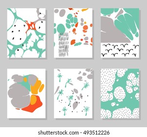 Collection of creative trendy cards. Abstract painting templates. Ebru art.