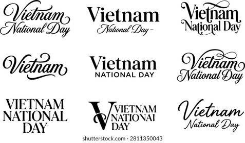 A collection of creative typography designs for Vietnam National Day. This set features various artistic lettering styles in black, perfect for holiday greeting cards, posters, and social media.