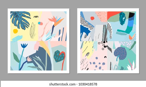 Collection of creative universal artistic cards. Hand Drawn textures. Trendy Graphic Design for banner, poster, card, cover, invitation, placard, brochure, flyer