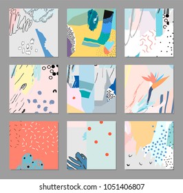 Coleção de cartões artísticos universais criativos. Texturas desenhadas à mão. Design Gráfico Trendy para banner, cartaz, cartão, capa, convite, cartaz, folheto, folheto. Vetor