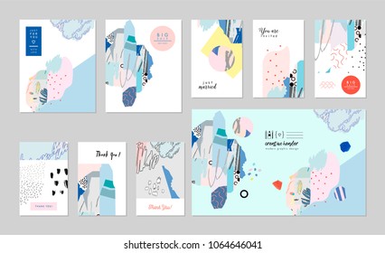 Collection of creative universal artistic cards. Hand Drawn textures. Trendy Graphic Design for banner, poster, card, cover, invitation, placard, brochure, flyer. Vector