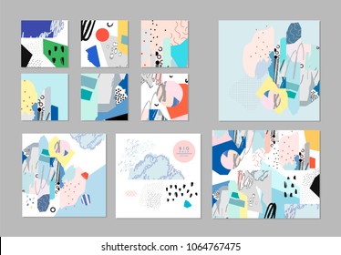 Collection of creative universal artistic cards. Hand Drawn textures. Trendy Graphic Design for banner, poster, card, cover, invitation, placard, brochure, flyer. Vector