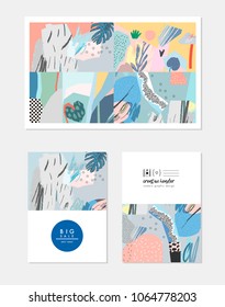 Collection of creative universal artistic cards. Hand Drawn textures. Trendy Graphic Design for banner, poster, card, cover, invitation, placard, brochure, flyer. Vector