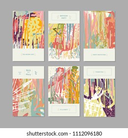 Collection of creative universal artistic cards. Creative hand drawn textures. Trendy Graphic Design for banner, poster, card, cover, invitation, placard, brochure, flyer. Vector