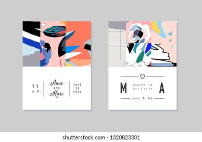 Collection of creative universal artistic cards. Hand Drawn textures. Trendy Graphic Design for banner, poster, card, cover, invitation, placard, brochure, flyer. Vector