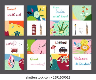 Collection of creative universal artistic cards with sights of London. Hand Drawn textures. Trendy Graphic Design for banner, poster, card, cover, invitation, placard, brochure, flyer. Vector 