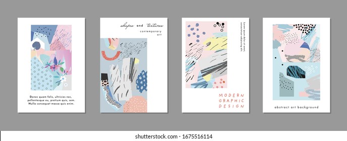 Collection of creative universal artistic cards. Hand Drawn textures. Trendy Graphic Design for banner, poster, card, cover, invitation, placard, brochure, flyer. 