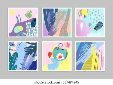 Colección de tarjetas artísticas universales creativas. Texturas dibujadas a mano. Diseño gráfico de moda para banner, afiche, tarjeta, portada, invitación, pancarta, folleto, volante.Vector. Aislado.